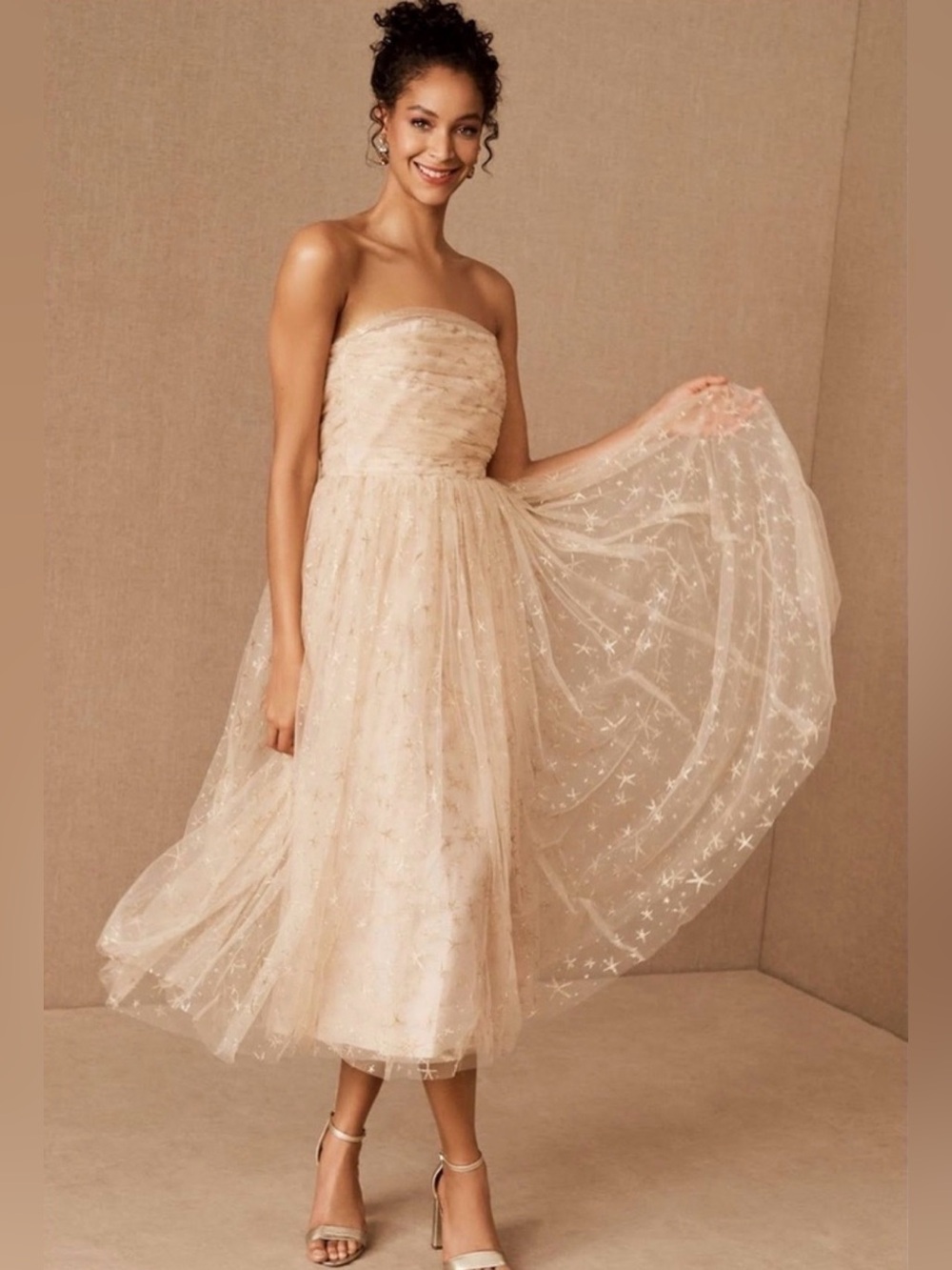 Joanna August Rila Strapless Tulle Midi Gown - Champagne